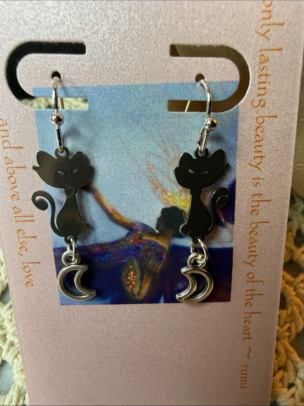 Silver Cat Dangle Earrings with Moon Charm - Unbranded